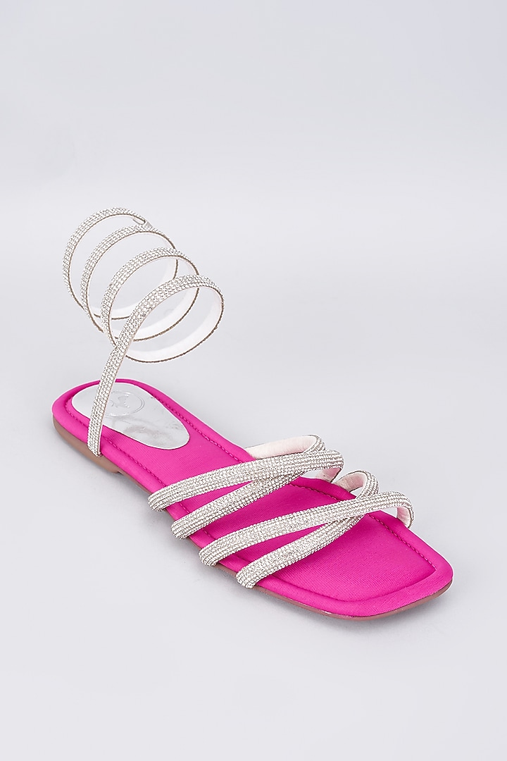 Pink Synthetic & Vegan Silver Rhinestone Spring Embellished Flats by Sana K Luxurious Footwear at Pernia's Pop Up Shop