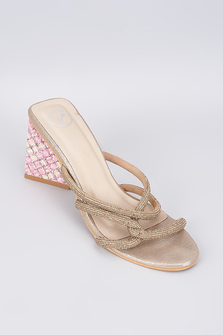 Gold Vegan Rhinestone String Embellished Heels by Sana K Luxurious Footwear at Pernia's Pop Up Shop