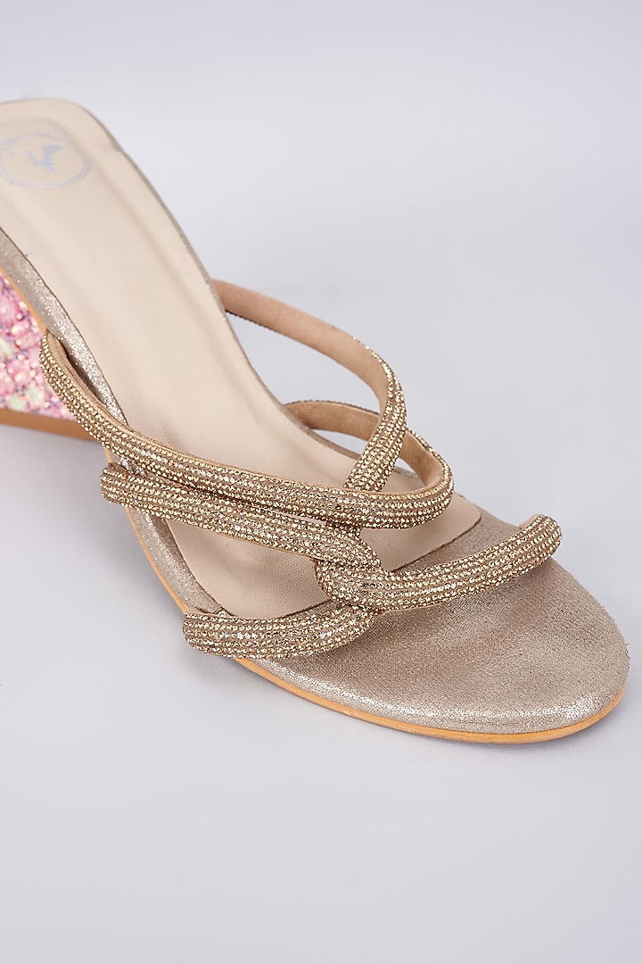 Gold Vegan Rhinestone String Embellished Heels by Sana K Luxurious Footwear at Pernia's Pop Up Shop