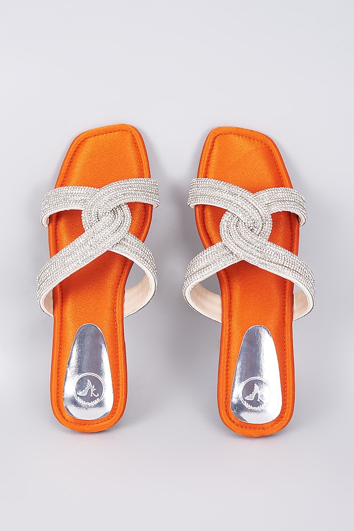 Orange Synthetic & Vegan Rhinestone Embellished Flats by Sana K Luxurious Footwear at Pernia's Pop Up Shop