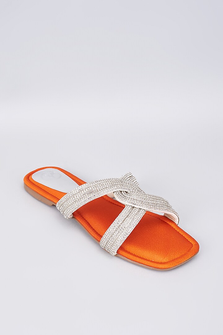 Orange Synthetic & Vegan Rhinestone Embellished Flats by Sana K Luxurious Footwear at Pernia's Pop Up Shop