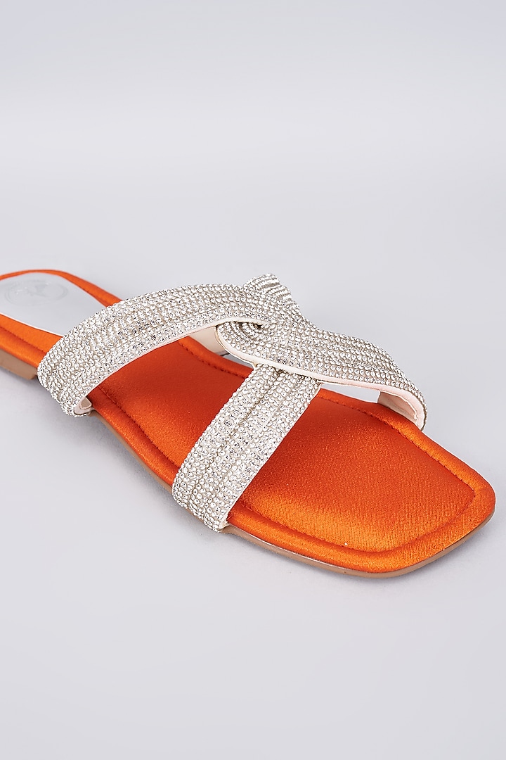 Orange Synthetic & Vegan Rhinestone Embellished Flats by Sana K Luxurious Footwear at Pernia's Pop Up Shop