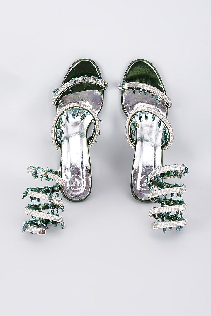 Green Synthetic & Vegan Rhinestone String Embellished Heels by Sana K Luxurious Footwear at Pernia's Pop Up Shop
