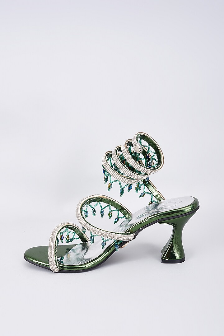 Green Synthetic & Vegan Rhinestone String Embellished Heels by Sana K Luxurious Footwear at Pernia's Pop Up Shop