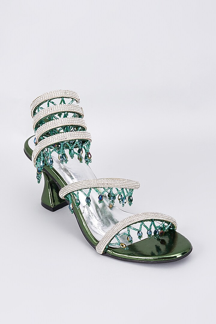 Green Synthetic & Vegan Rhinestone String Embellished Heels by Sana K Luxurious Footwear at Pernia's Pop Up Shop