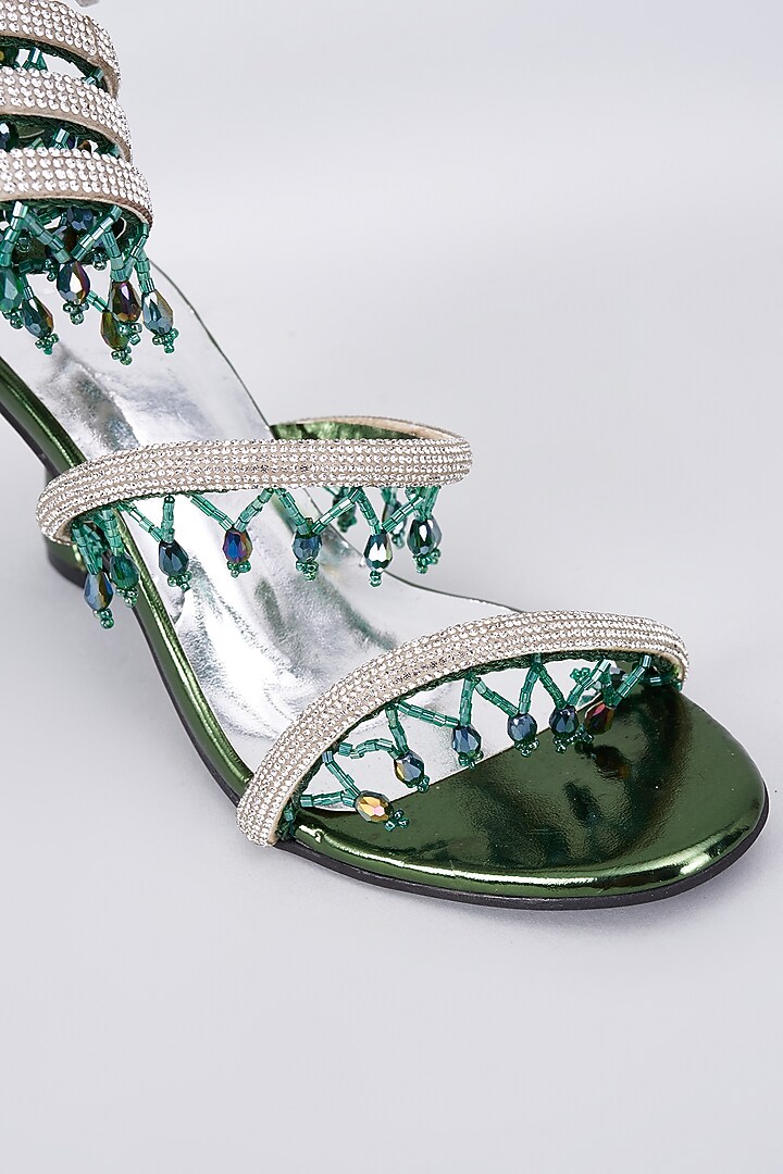 Green Synthetic & Vegan Rhinestone String Embellished Heels by Sana K Luxurious Footwear at Pernia's Pop Up Shop