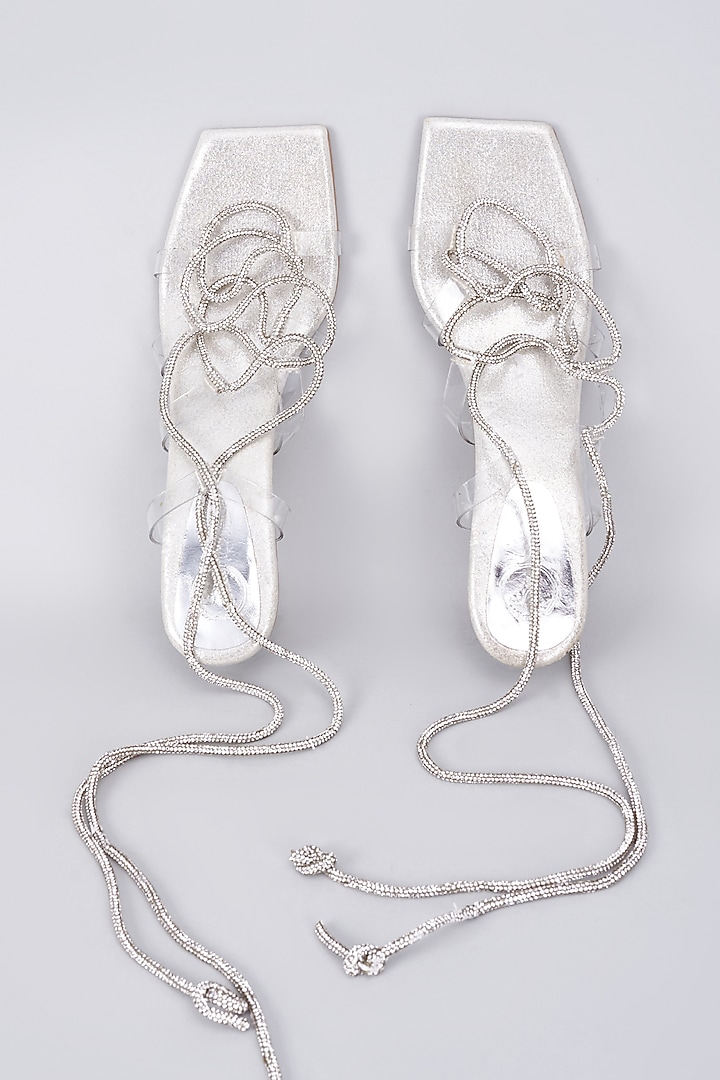 Silver Synthetic & Vegan Rhinestone Embellished Heels by Sana K Luxurious Footwear at Pernia's Pop Up Shop