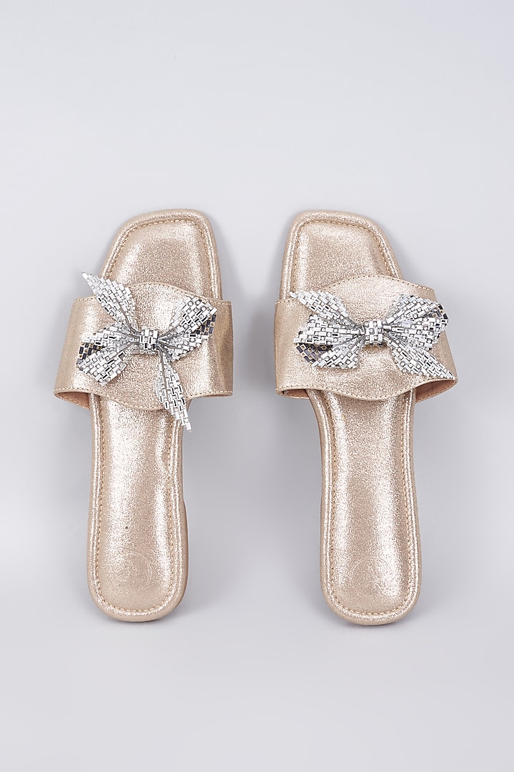 Gold Synthetic & Vegan Crystal Bow Embellished Flats by Sana K Luxurious Footwear