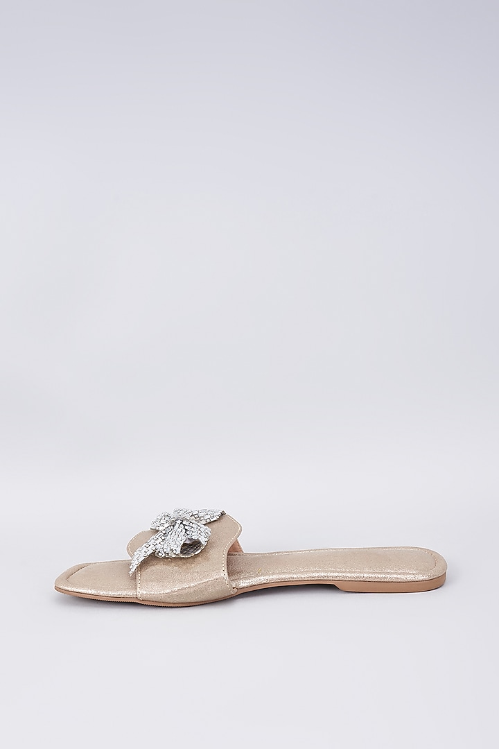 Gold Synthetic & Vegan Crystal Bow Embellished Flats by Sana K Luxurious Footwear at Pernia's Pop Up Shop