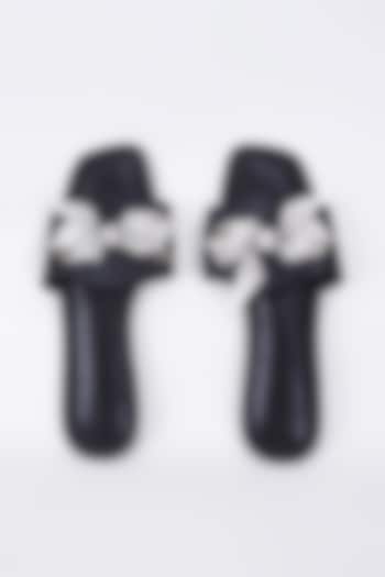 Black Synthetic & Vegan Crystal Bow Embellished Flats by Sana K Luxurious Footwear at Pernia's Pop Up Shop