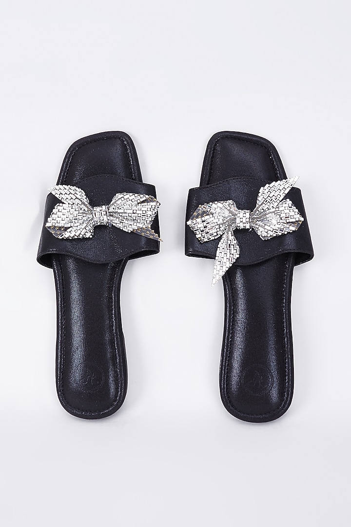 Black Synthetic & Vegan Crystal Bow Embellished Flats by Sana K Luxurious Footwear at Pernia's Pop Up Shop