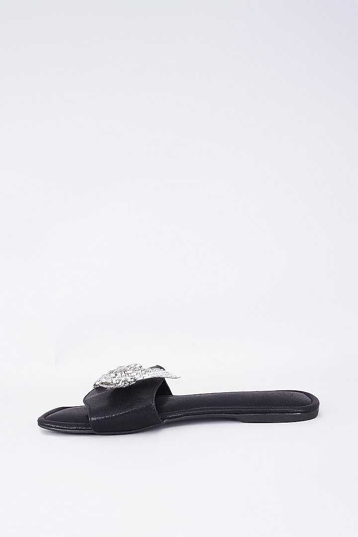 Black Synthetic & Vegan Crystal Bow Embellished Flats by Sana K Luxurious Footwear at Pernia's Pop Up Shop