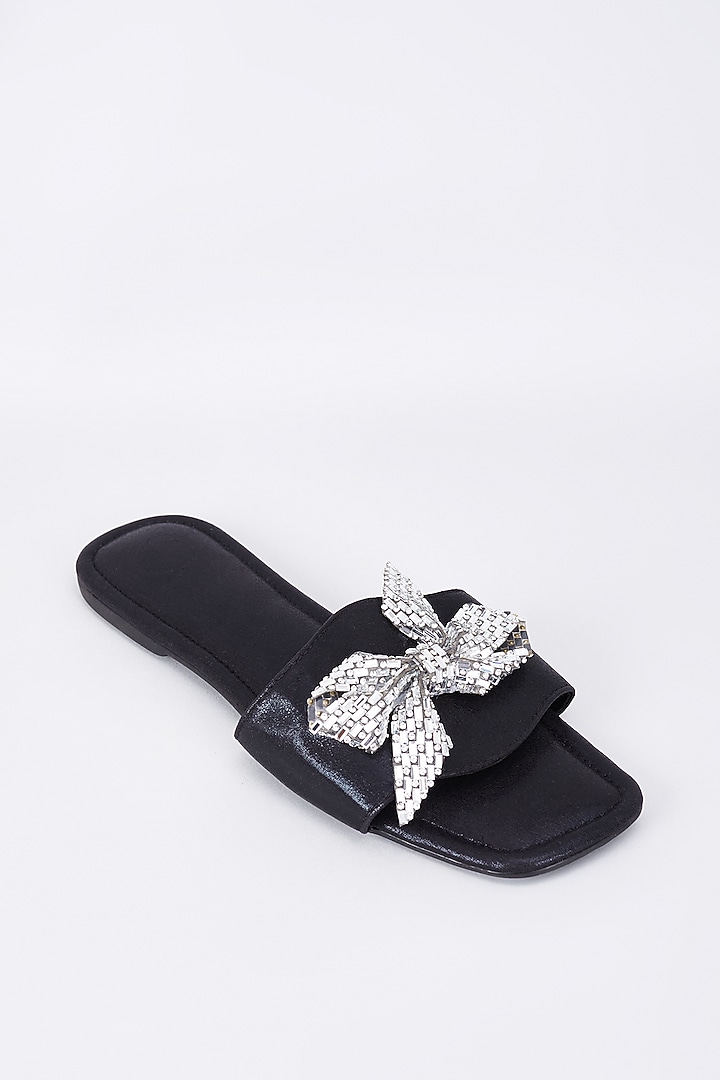 Black Synthetic & Vegan Crystal Bow Embellished Flats by Sana K Luxurious Footwear at Pernia's Pop Up Shop