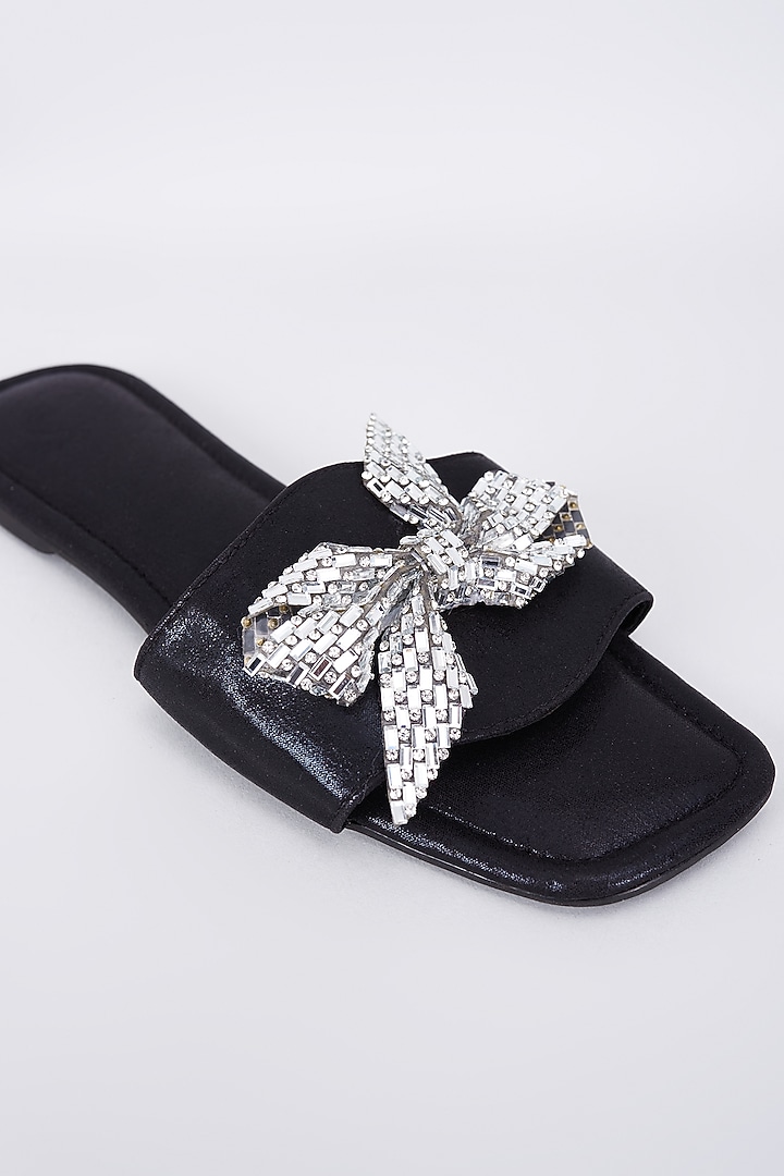 Black Synthetic & Vegan Crystal Bow Embellished Flats by Sana K Luxurious Footwear at Pernia's Pop Up Shop