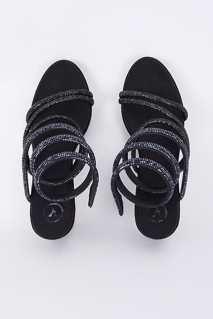 Black Synthetic & Vegan Rhinestone String Embellished Heels by Sana K Luxurious Footwear at Pernia's Pop Up Shop