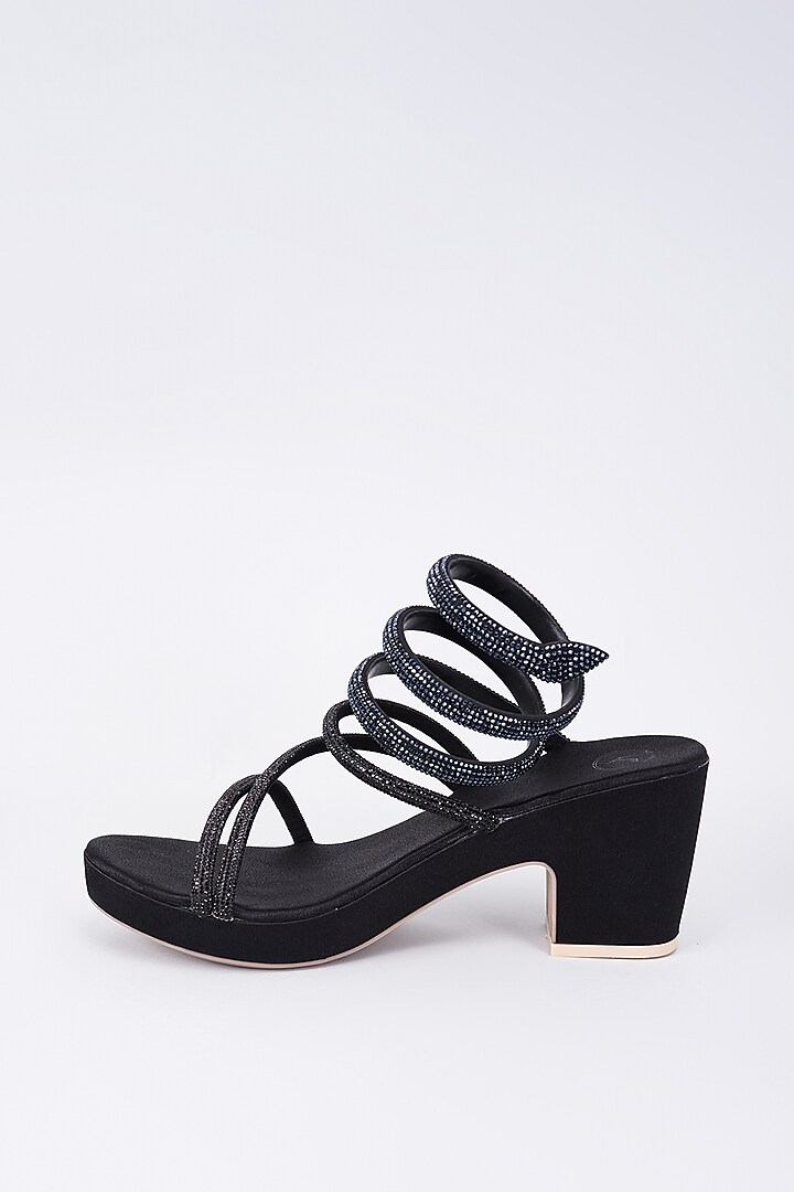 Black Synthetic & Vegan Rhinestone String Embellished Heels by Sana K Luxurious Footwear at Pernia's Pop Up Shop