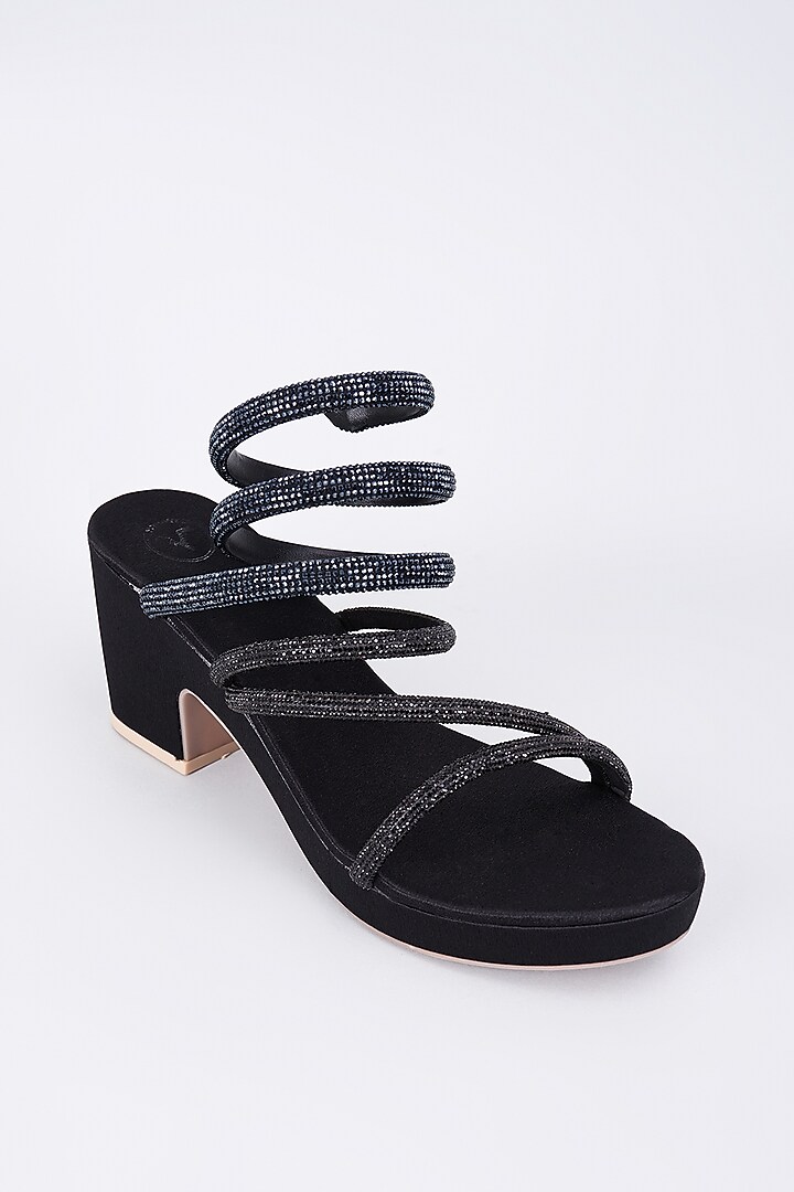 Black Synthetic & Vegan Rhinestone String Embellished Heels by Sana K Luxurious Footwear at Pernia's Pop Up Shop