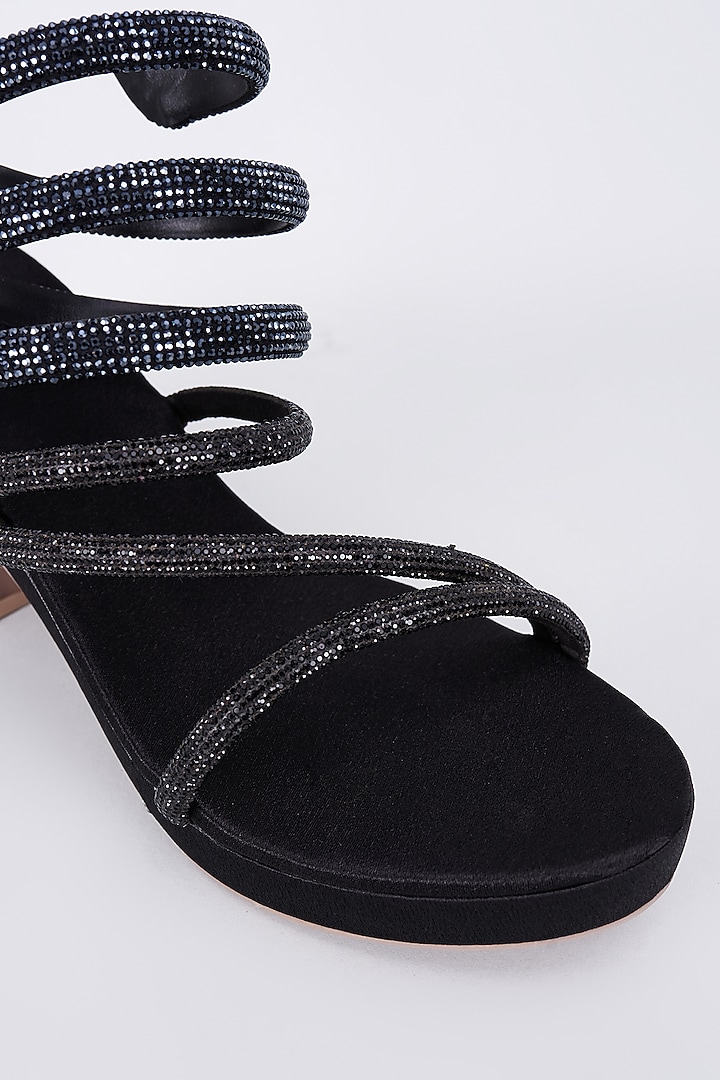 Black Synthetic & Vegan Rhinestone String Embellished Heels by Sana K Luxurious Footwear at Pernia's Pop Up Shop