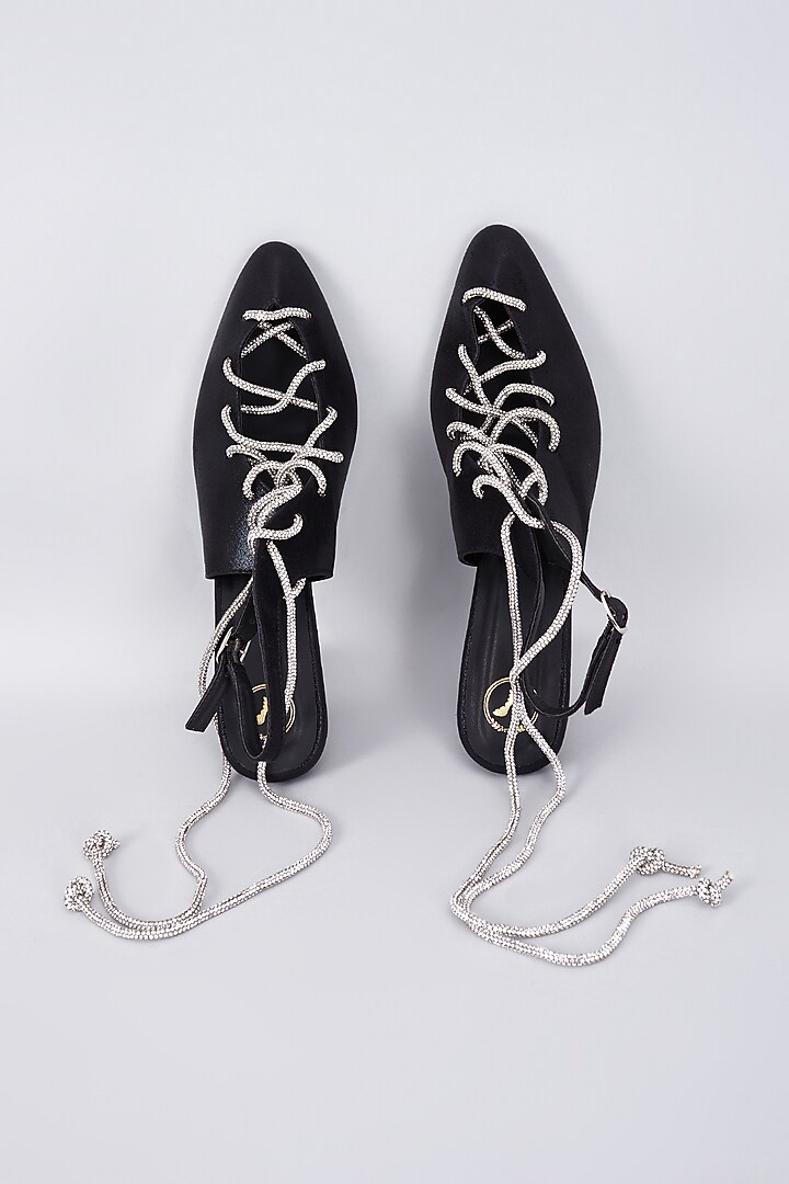 Black Synthetic & Vegan Rhinestone Embellished Heels by Sana K Luxurious Footwear at Pernia's Pop Up Shop