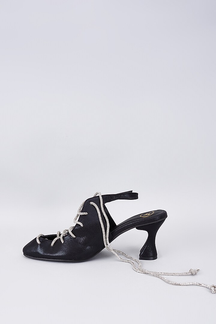 Black Synthetic & Vegan Rhinestone Embellished Heels by Sana K Luxurious Footwear at Pernia's Pop Up Shop