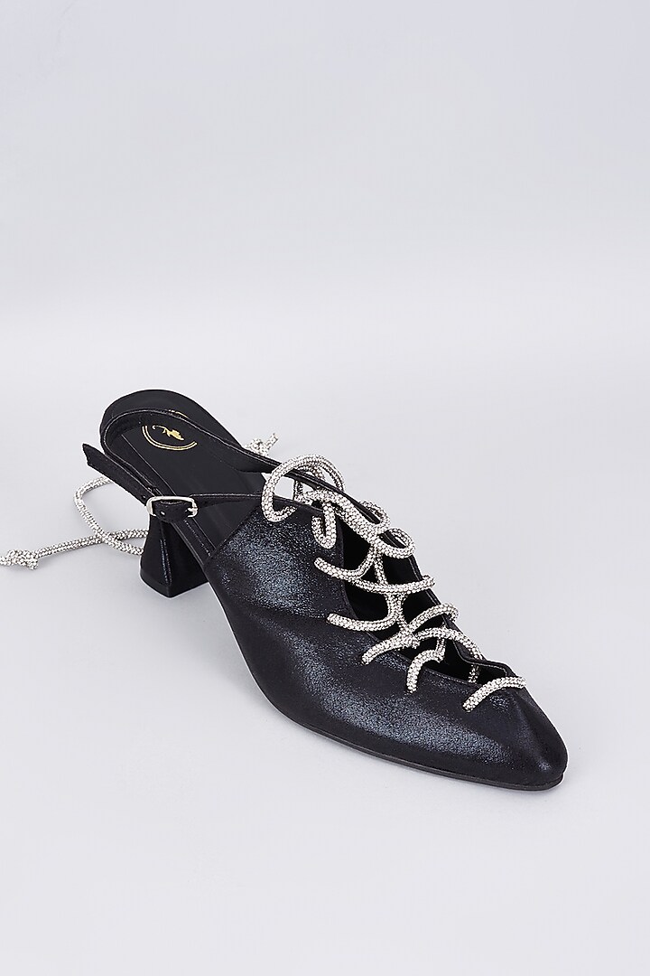 Black Synthetic & Vegan Rhinestone Embellished Heels by Sana K Luxurious Footwear at Pernia's Pop Up Shop