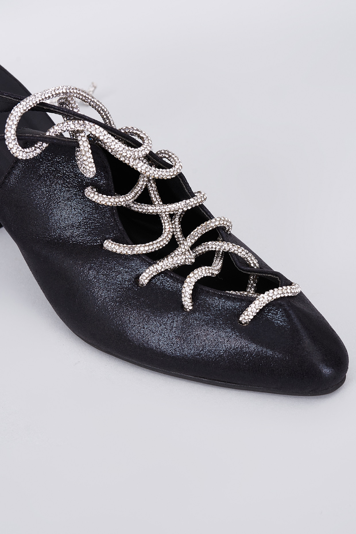 Rhinestone Embellished Denim Pointed Toe Buckle Stiletto Shoes - Black –  FloralKini