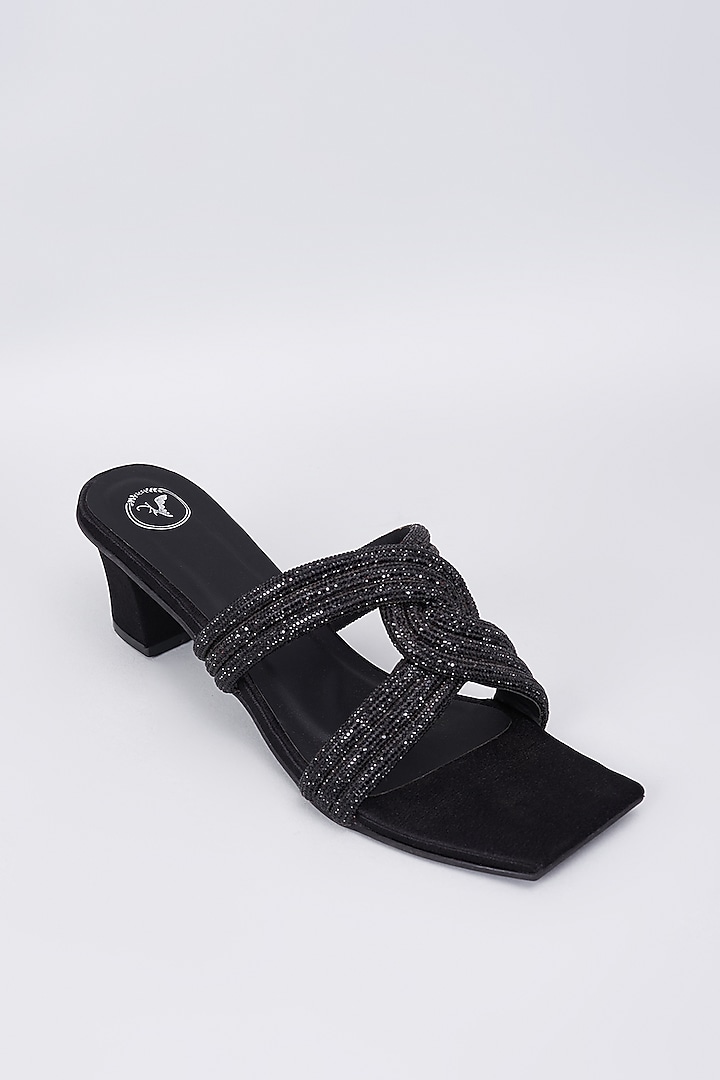 Black Synthetic & Vegan Rhinestone Embellished Heels by Sana K Luxurious Footwear at Pernia's Pop Up Shop