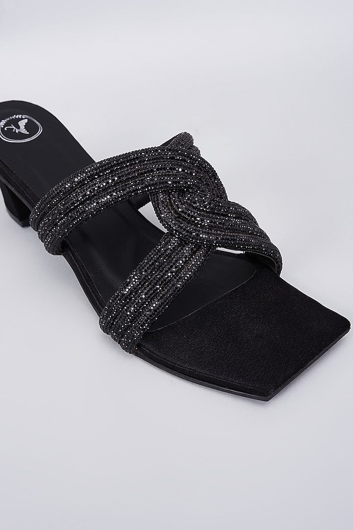 Black Synthetic & Vegan Rhinestone Embellished Heels by Sana K Luxurious Footwear at Pernia's Pop Up Shop
