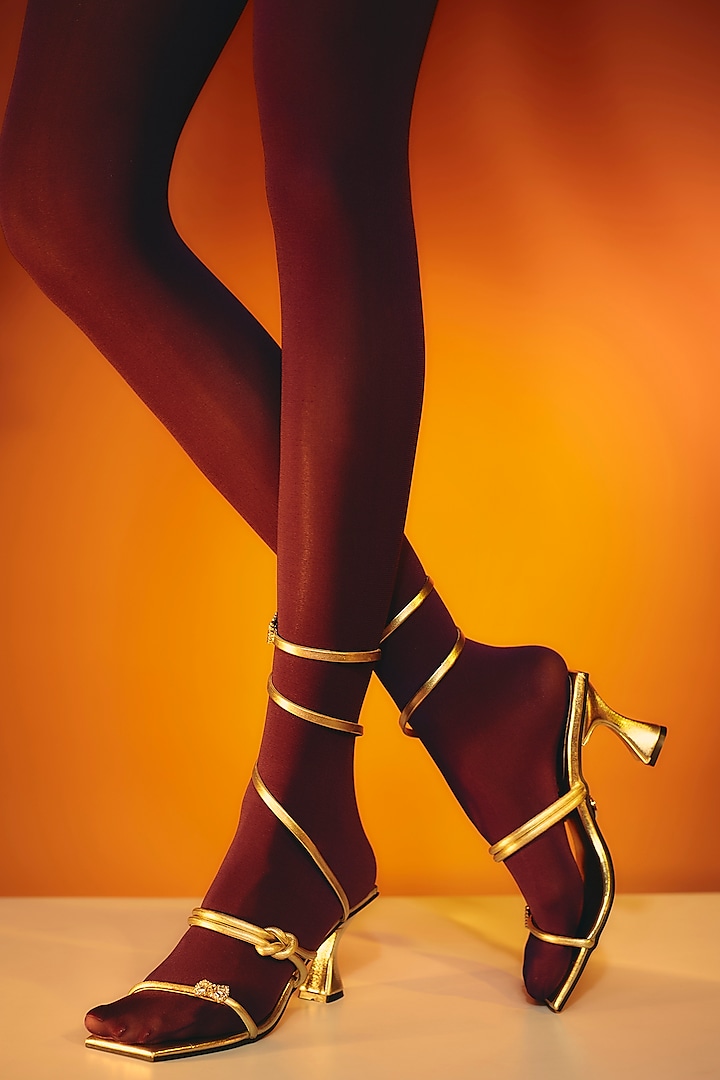 Champagne Gold Synthetic & Vegan Rhinestone String Embellished Heels by Sana K Luxurious Footwear