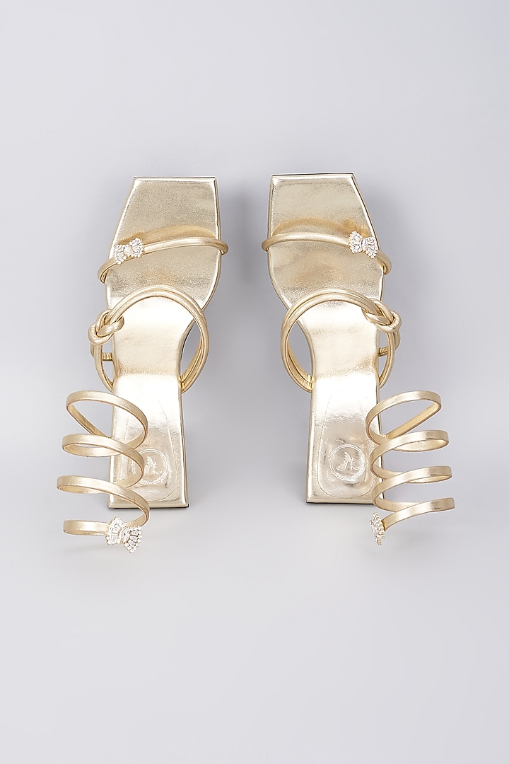 Champagne Gold Synthetic & Vegan Rhinestone String Embellished Heels by Sana K Luxurious Footwear at Pernia's Pop Up Shop