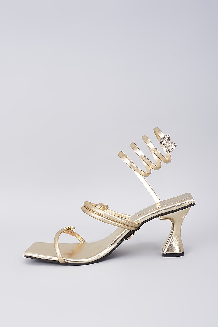 Champagne Gold Synthetic & Vegan Rhinestone String Embellished Heels by Sana K Luxurious Footwear at Pernia's Pop Up Shop