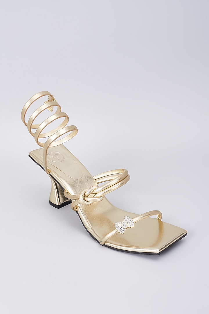 Champagne Gold Synthetic & Vegan Rhinestone String Embellished Heels by Sana K Luxurious Footwear at Pernia's Pop Up Shop