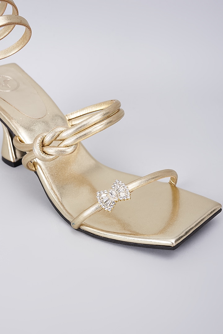 Champagne Gold Synthetic & Vegan Rhinestone String Embellished Heels by Sana K Luxurious Footwear at Pernia's Pop Up Shop