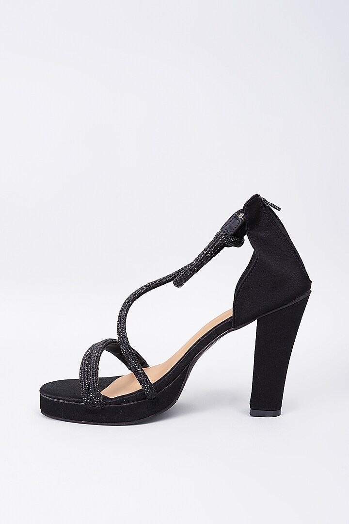 Black Synthetic & Vegan Rhinestone Embellished Heels by Sana K Luxurious Footwear at Pernia's Pop Up Shop
