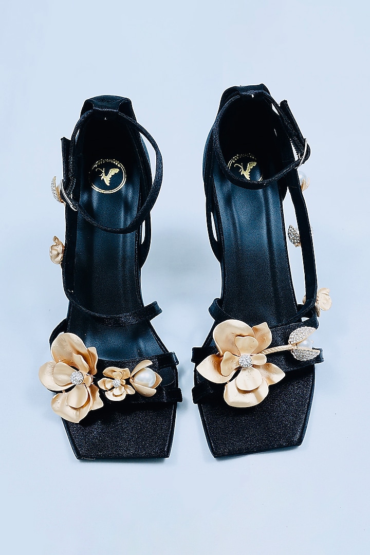 Black Vegan Floral Embroidered Heels by Sana K Luxurious Footwear at Pernia's Pop Up Shop