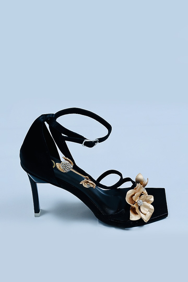 Black Vegan Floral Embroidered Heels by Sana K Luxurious Footwear at Pernia's Pop Up Shop