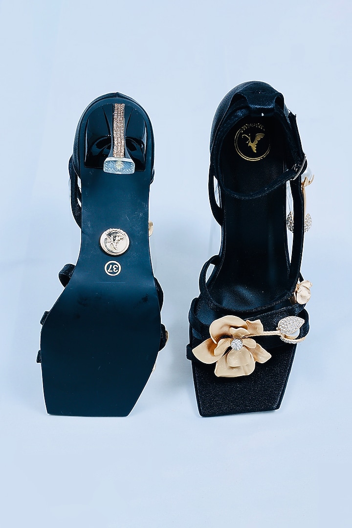 Black Vegan Floral Embroidered Heels by Sana K Luxurious Footwear at Pernia's Pop Up Shop