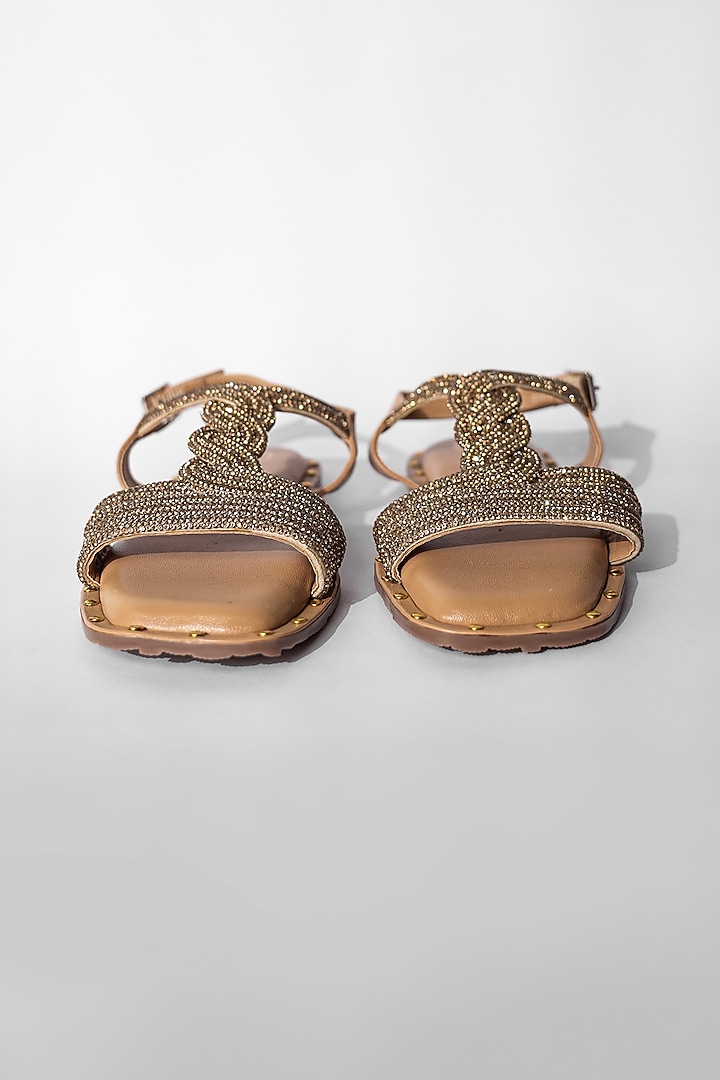 Brown Vegan Rhinestone Embroidered Flats by Sana K Luxurious Footwear at Pernia's Pop Up Shop