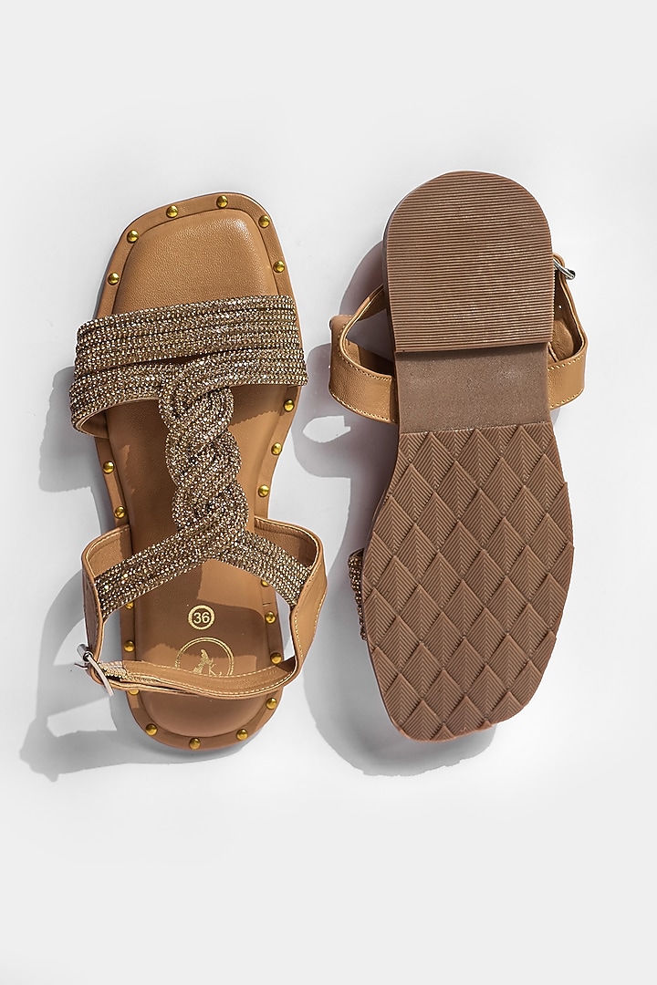 Brown Vegan Rhinestone Embroidered Flats by Sana K Luxurious Footwear at Pernia's Pop Up Shop