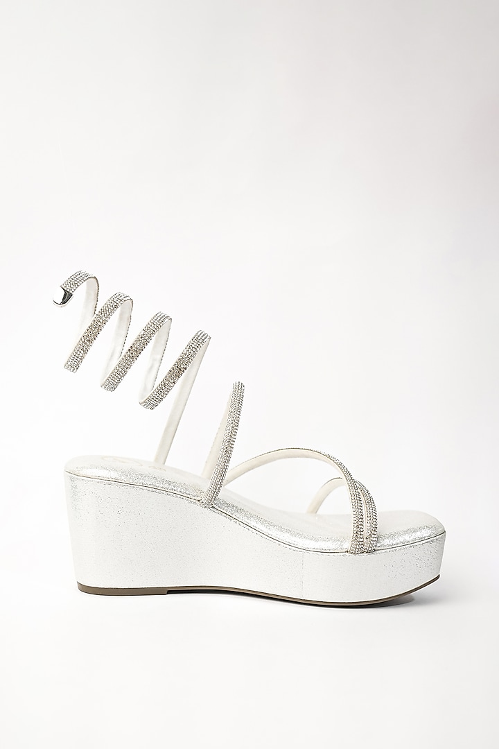 Silver Vegan Rhinestone Embroidered Wedges by Sana K Luxurious Footwear at Pernia's Pop Up Shop