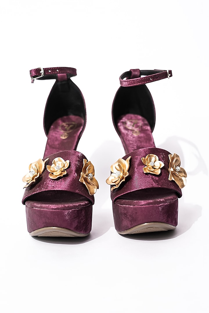 Maroon Vegan Floral Embellished Heels by Sana K Luxurious Footwear at Pernia's Pop Up Shop