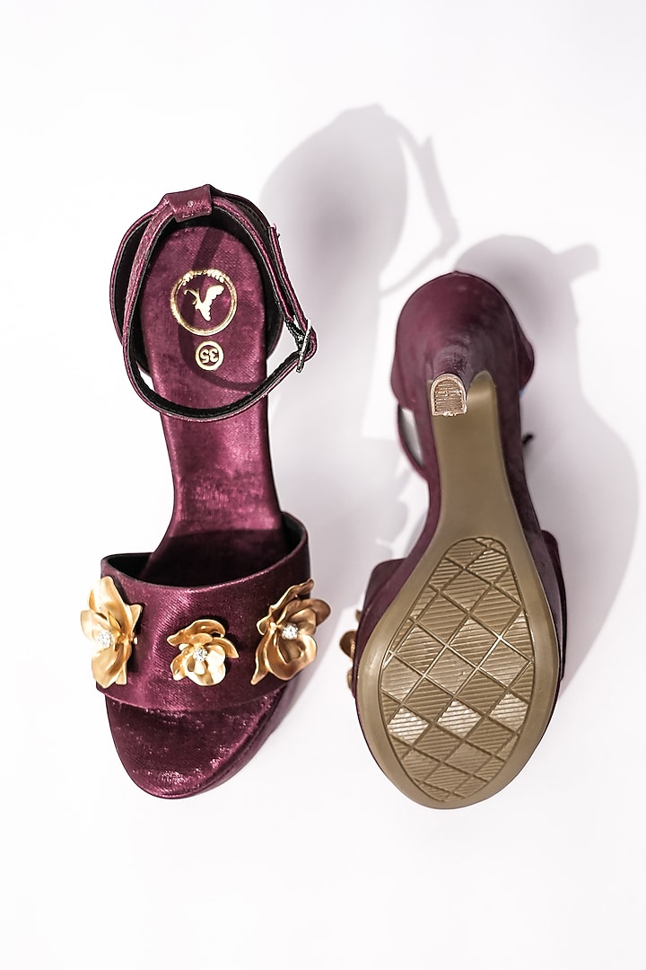 Maroon Vegan Floral Embellished Heels by Sana K Luxurious Footwear at Pernia's Pop Up Shop