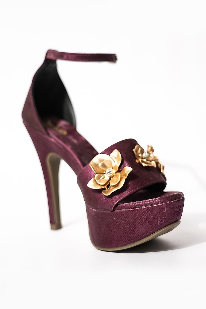 Maroon Vegan Floral Embellished Heels by Sana K Luxurious Footwear at Pernia's Pop Up Shop