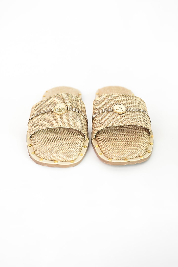 Beige Jute Rhinestone Embellished Flats by Sana K Luxurious Footwear at Pernia's Pop Up Shop