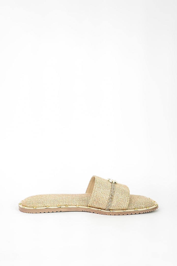 Beige Jute Rhinestone Embellished Flats by Sana K Luxurious Footwear at Pernia's Pop Up Shop