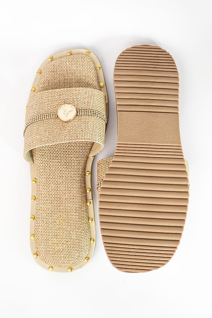 Beige Jute Rhinestone Embellished Flats by Sana K Luxurious Footwear at Pernia's Pop Up Shop