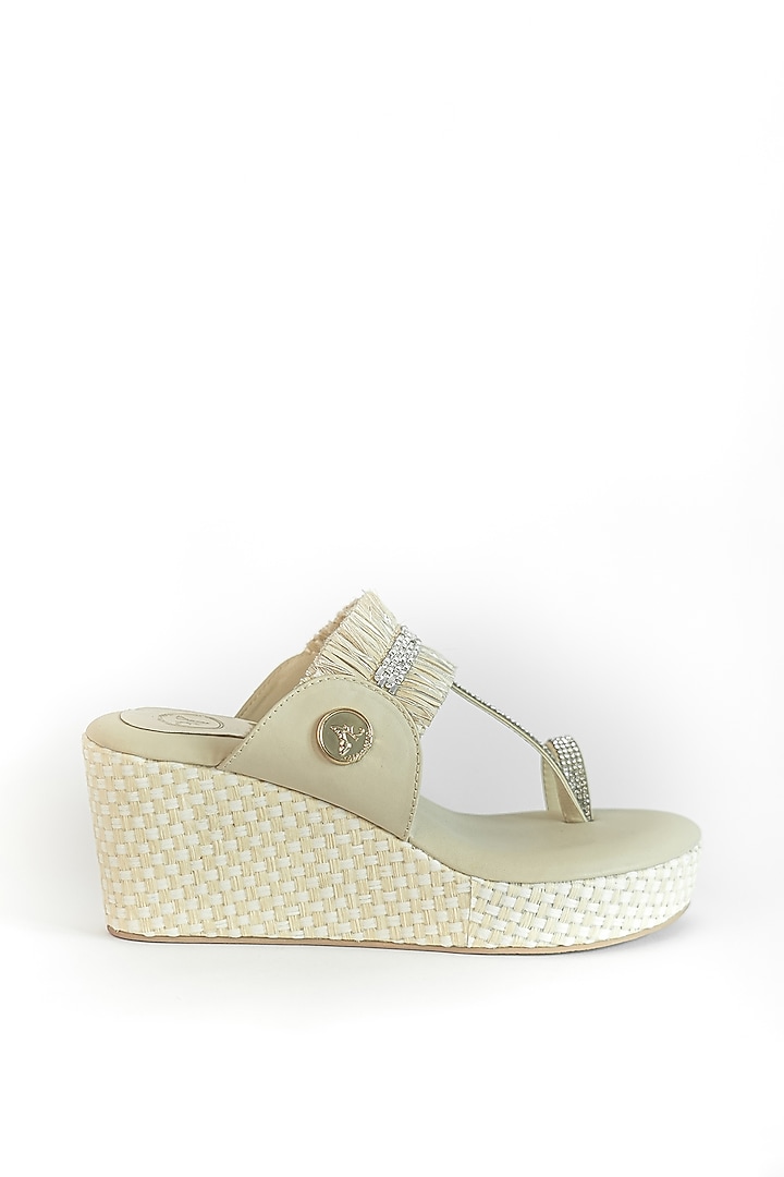 Beige Vegan Stone Cutwork Wedges by Sana K Luxurious Footwear at Pernia's Pop Up Shop
