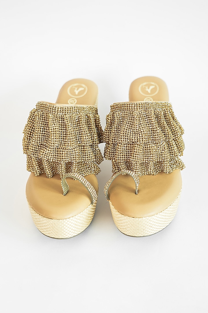 Gold Vegan Embroidered Wedges by Sana K Luxurious Footwear at Pernia's Pop Up Shop