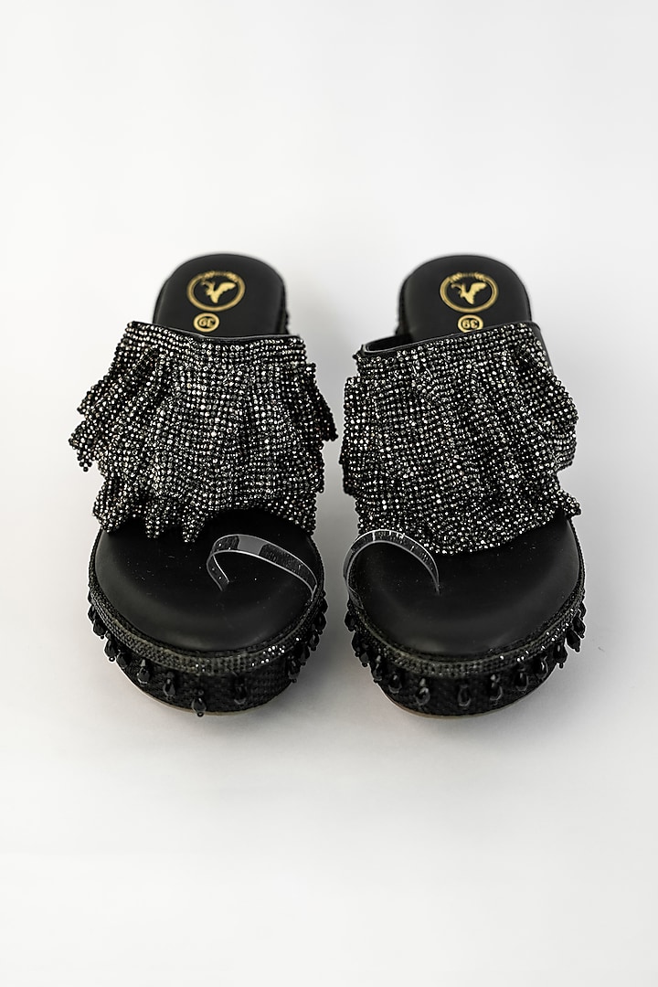 Black Vegan Embroidered Wedges by Sana K Luxurious Footwear at Pernia's Pop Up Shop