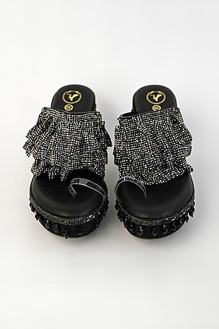 Black Vegan Embroidered Wedges by Sana K Luxurious Footwear
